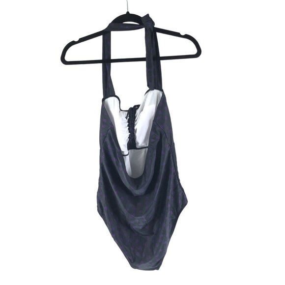 Womens Purple & Black Heart Print One-Piece Swimsuit Halter Removable Cups 1XL - Picture 2 of 3